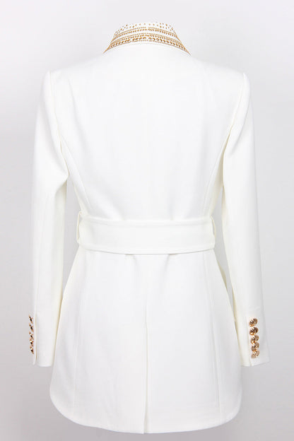 Blazer bianco - Doppiopetto - Dettagli dorati - Blazer con cintura - Abbigliamento donna-Modasso