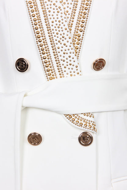 Blazer bianco - Doppiopetto - Dettagli dorati - Blazer con cintura - Abbigliamento donna-Modasso