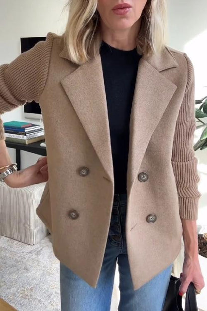 Blazer da donna marrone doppiopetto con maniche in maglia