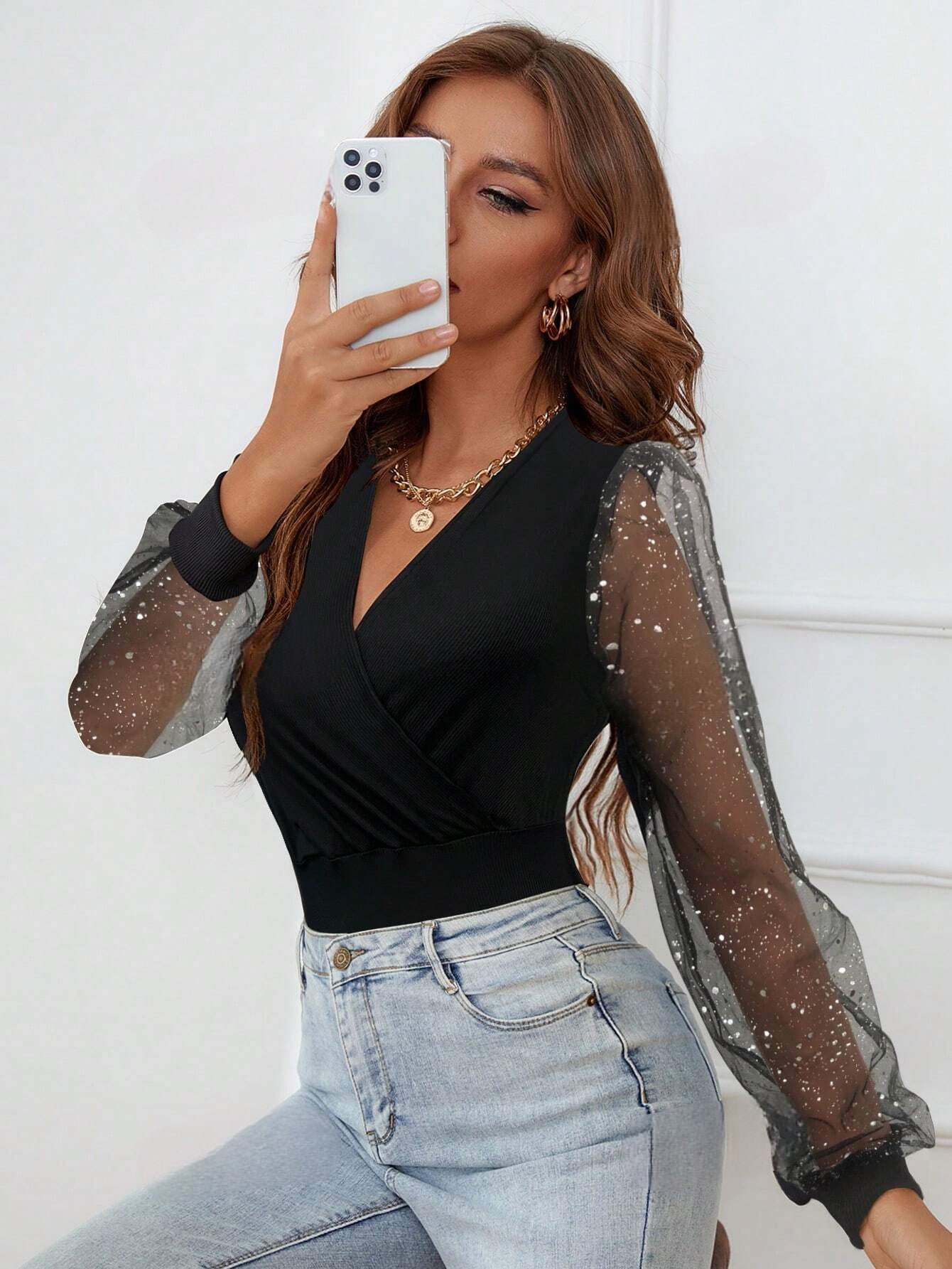 Body a maniche lunghe - Nero - Maniche trasparenti - Body con scollo a V - Body glitterato-Modaso