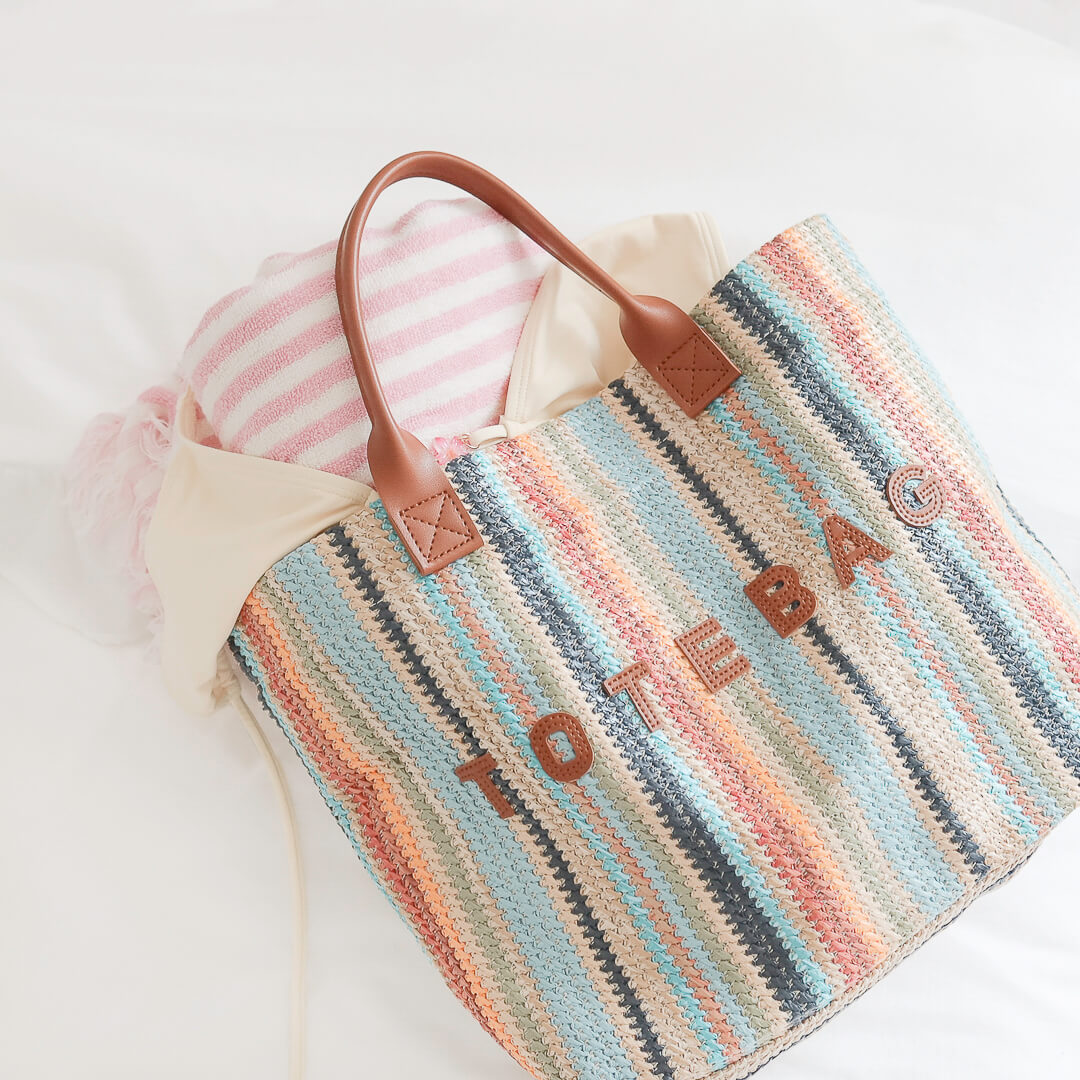 Borsa Mare Intrecciata, Tote a Righe Multicolore-Modaso