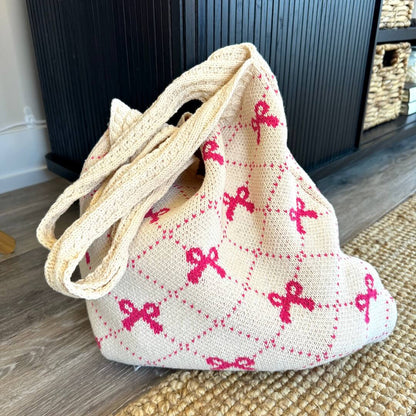 Borsa Shopper all'Uncinetto con Fiocchi da Donna-Fucsia-Modaso