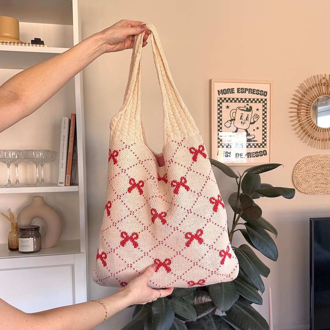 Borsa Shopper all'Uncinetto con Fiocchi da Donna-Rosso-Modaso