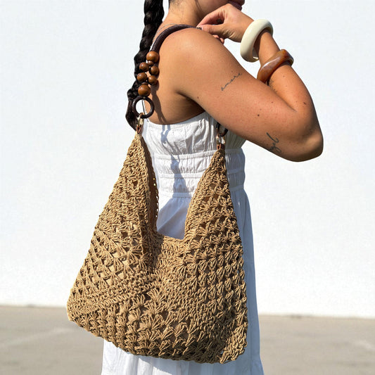 Borsa Tote Intrecciata Boho con Perline in Legno-Kaki-Modaso