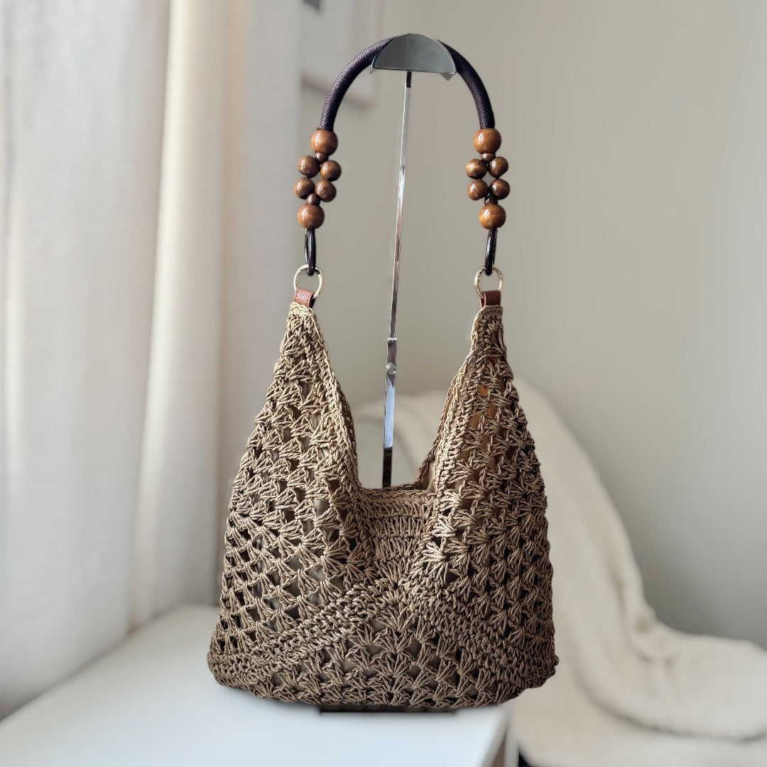 Borsa Tote Intrecciata Boho con Perline in Legno-Modaso