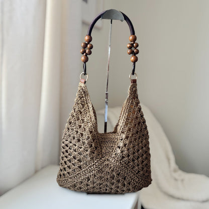 Borsa Tote Intrecciata Boho con Perline in Legno-Modaso