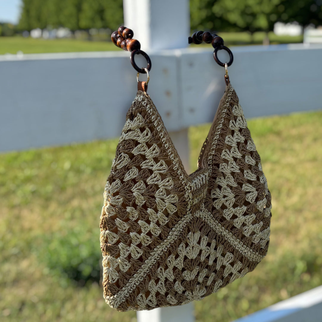Borsa Tote Intrecciata Boho con Perline in Legno-Modaso