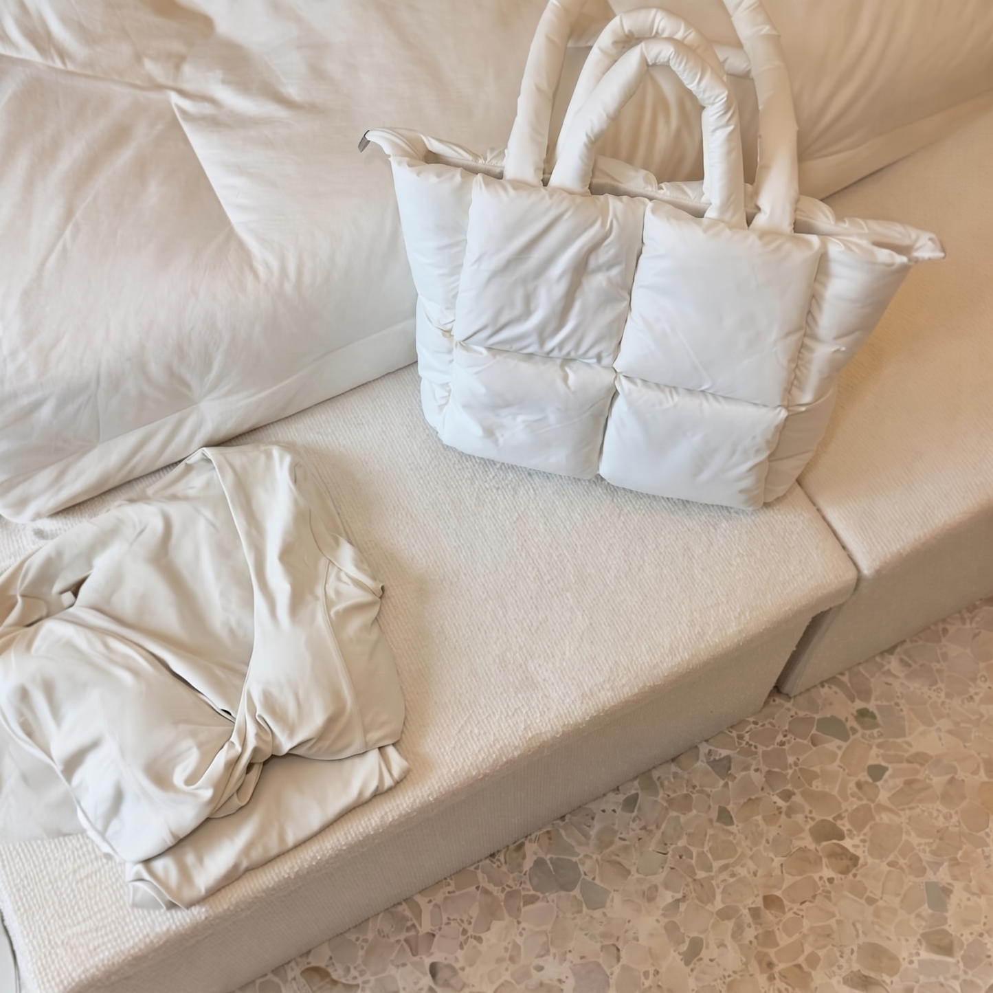 Borsa Tote Puffer, Grande Borsa a Spalla Imbottita da Donna-Bianco-Modaso