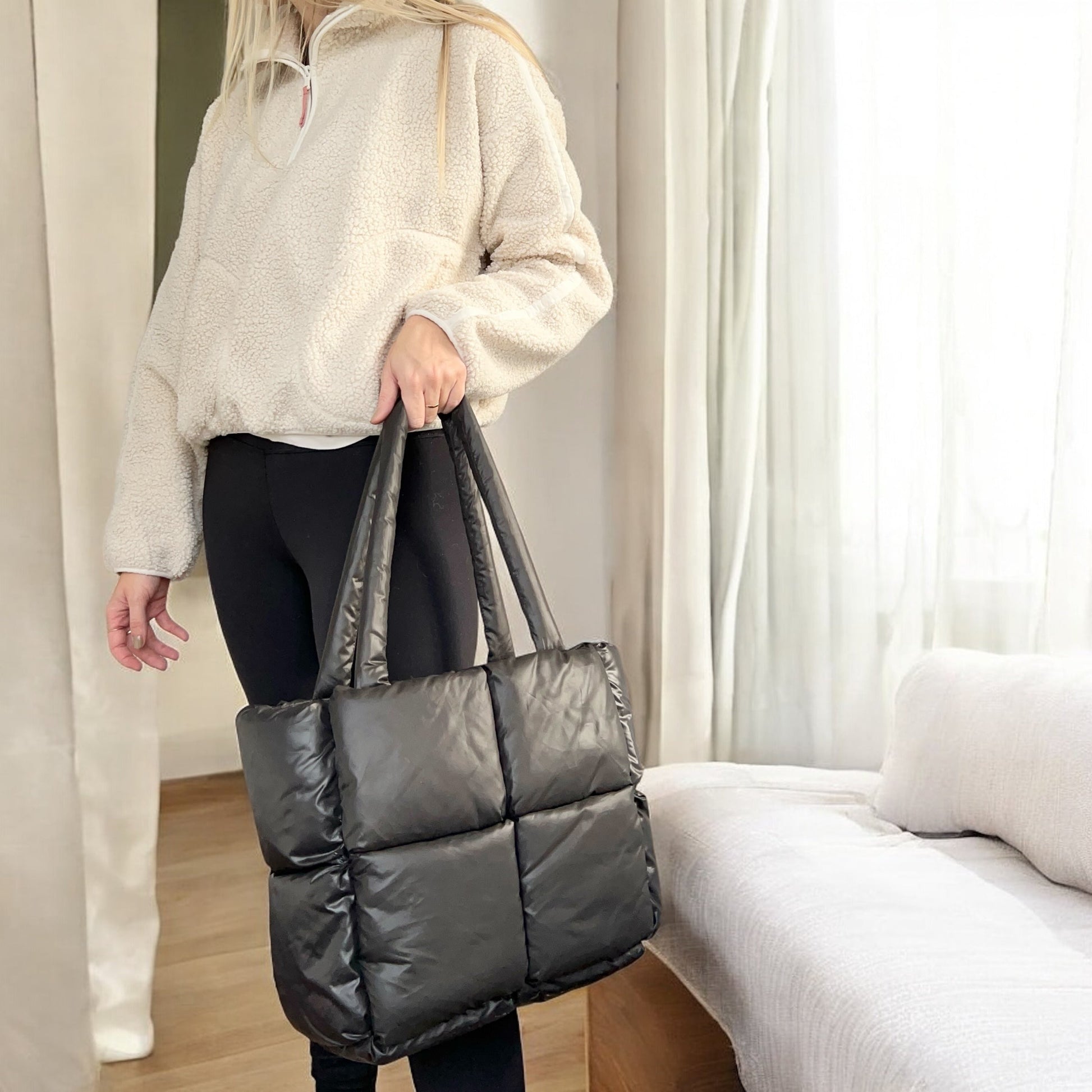 Borsa Tote Puffer, Grande Borsa a Spalla Imbottita da Donna-Modaso