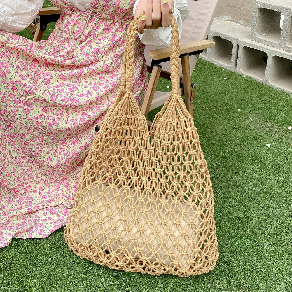 Borsa Tote a Rete all'Uncinetto da Donna-Beige-Modaso