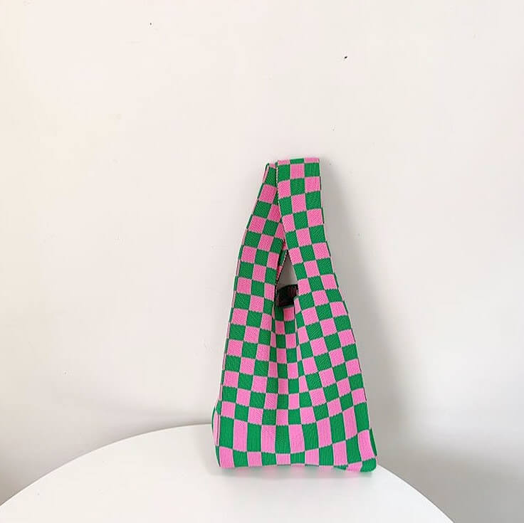Borsa Tote a Scacchi in Maglia da Donna-Rosa-Modaso