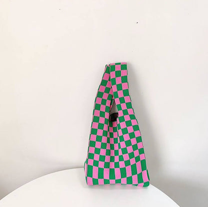 Borsa Tote a Scacchi in Maglia da Donna-Rosa-Modaso