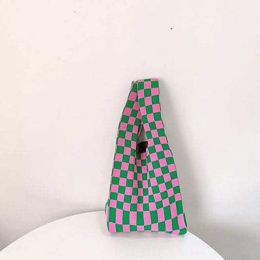 Borsa Tote a Scacchi in Maglia da Donna-Rosa-Modaso