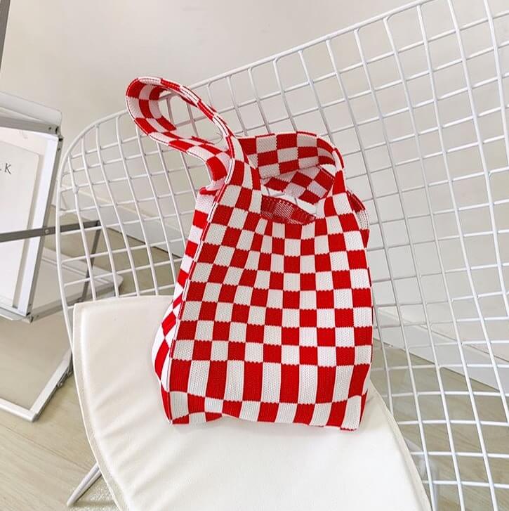 Borsa Tote a Scacchi in Maglia da Donna-Rosso-Modaso