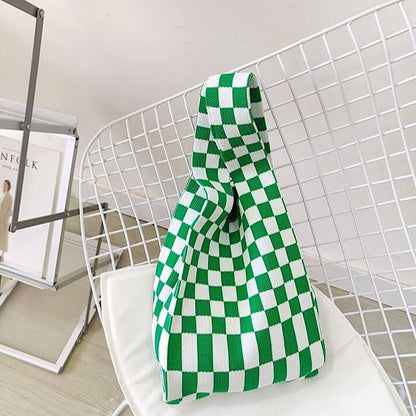Borsa Tote a Scacchi in Maglia da Donna-Verde-Modaso