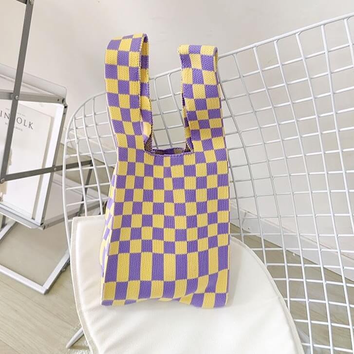 Borsa Tote a Scacchi in Maglia da Donna-Viola-Modaso