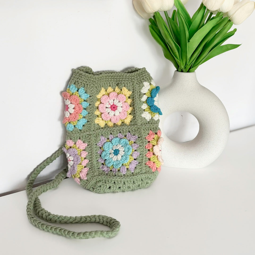Borsa a Tracolla all'Uncinetto Floreale da Donna-Verde-Modaso