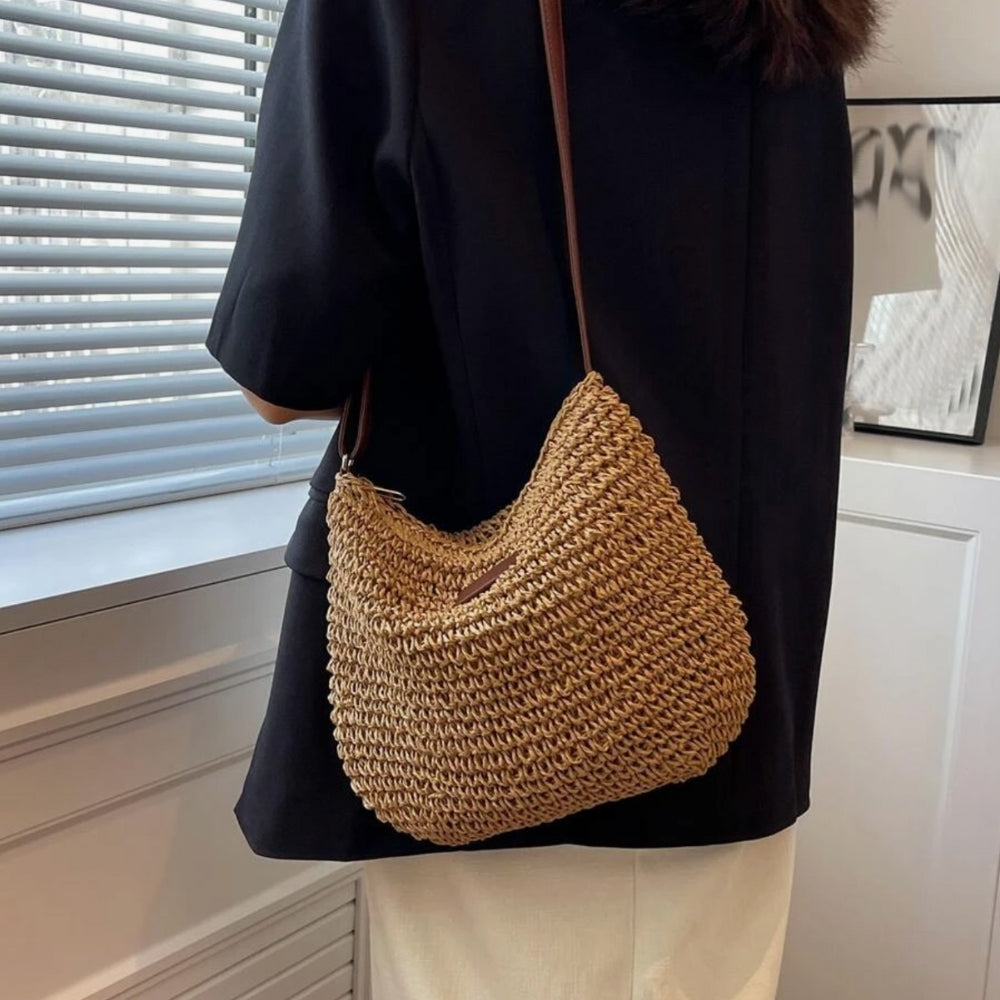 Borsa a tracolla | Beige | Tracolla regolabile | Borsa di paglia | Borsa a tracolla-Modasso
