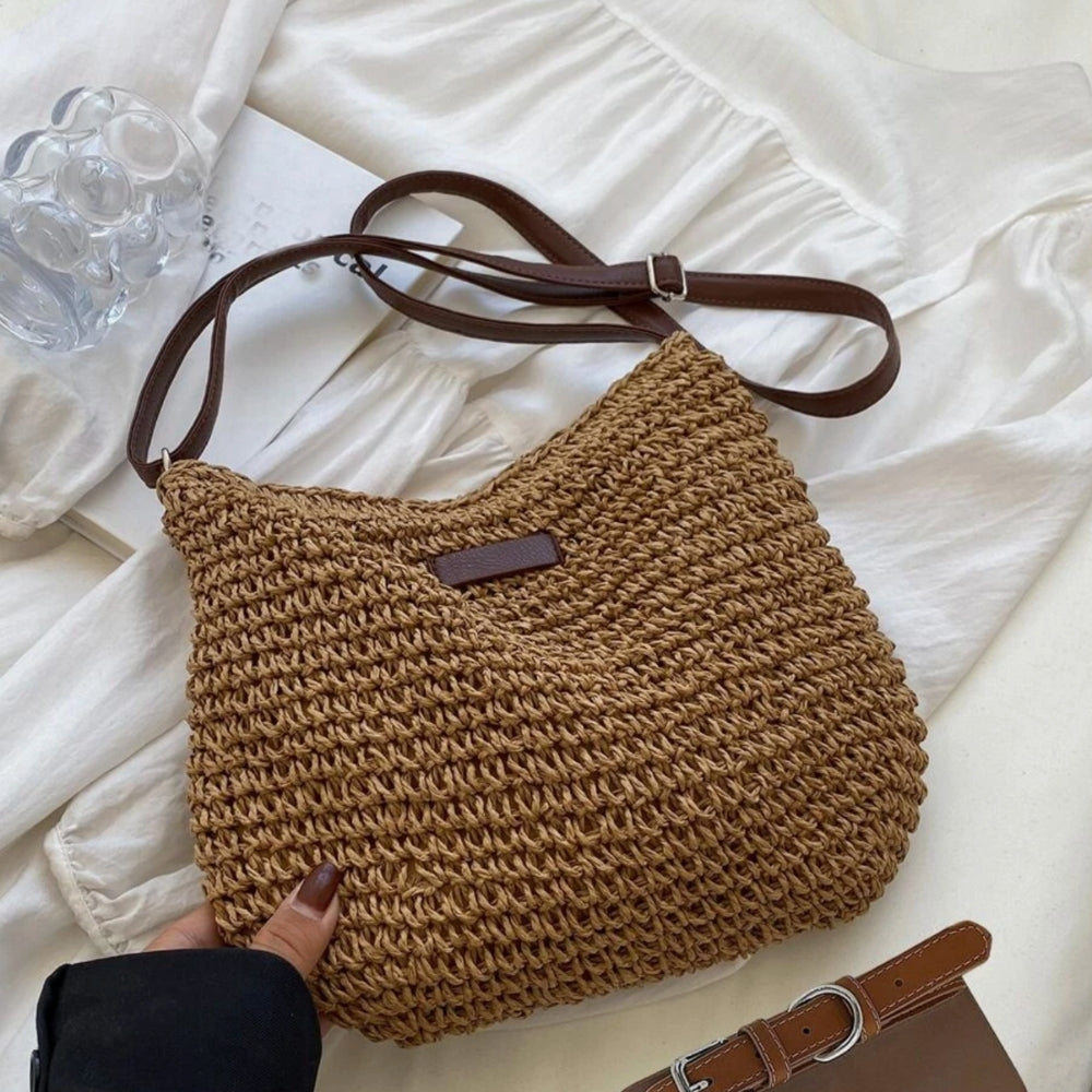 Borsa a tracolla | Beige | Tracolla regolabile | Borsa di paglia | Borsa a tracolla-Modasso