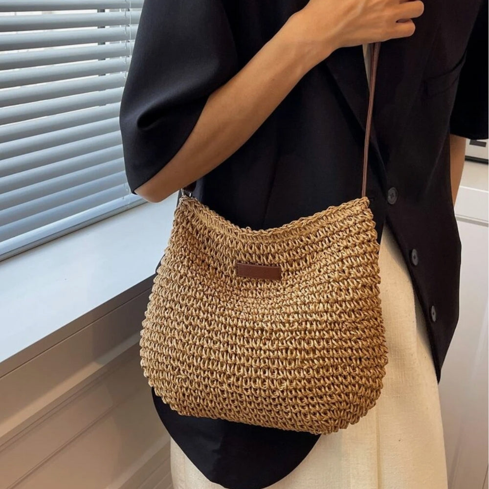 Borsa a tracolla | Beige | Tracolla regolabile | Borsa di paglia | Borsa a tracolla-Modasso