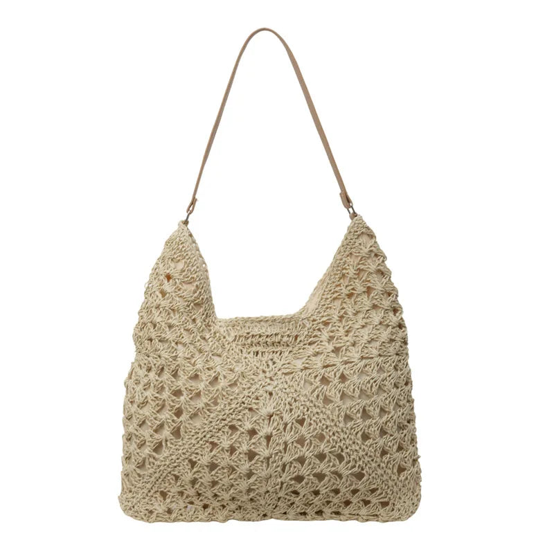 Borsa di paglia - Grande - A tracolla - Borsa hobo - Borsa da spiaggia-Beige-Modasso
