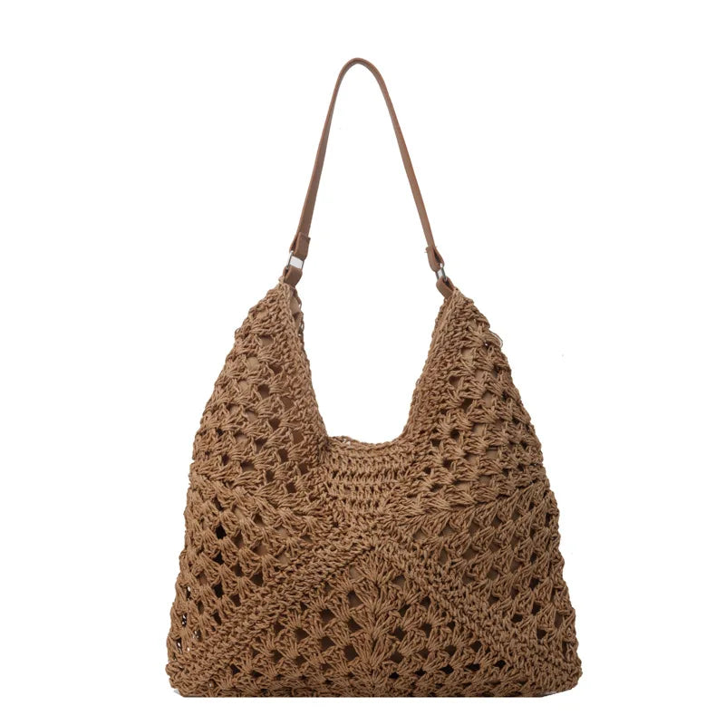 Borsa di paglia - Grande - A tracolla - Borsa hobo - Borsa da spiaggia-Caffè-Modasso