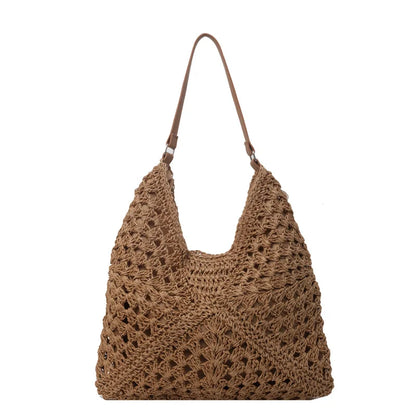 Borsa di paglia - Grande - A tracolla - Borsa hobo - Borsa da spiaggia-Caffè-Modasso
