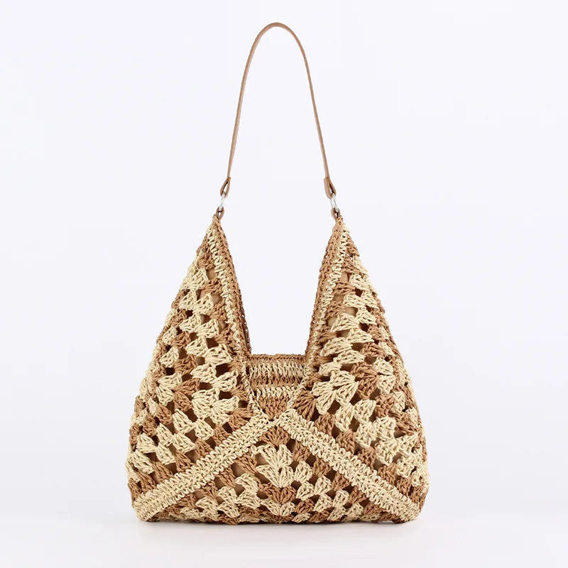 Borsa di paglia - Grande - A tracolla - Borsa hobo - Borsa da spiaggia-Marrone-Modasso