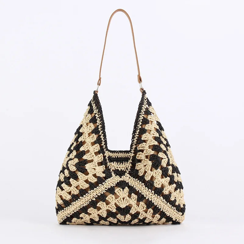 Borsa di paglia - Grande - A tracolla - Borsa hobo - Borsa da spiaggia-Nero-Marrone-Modasso