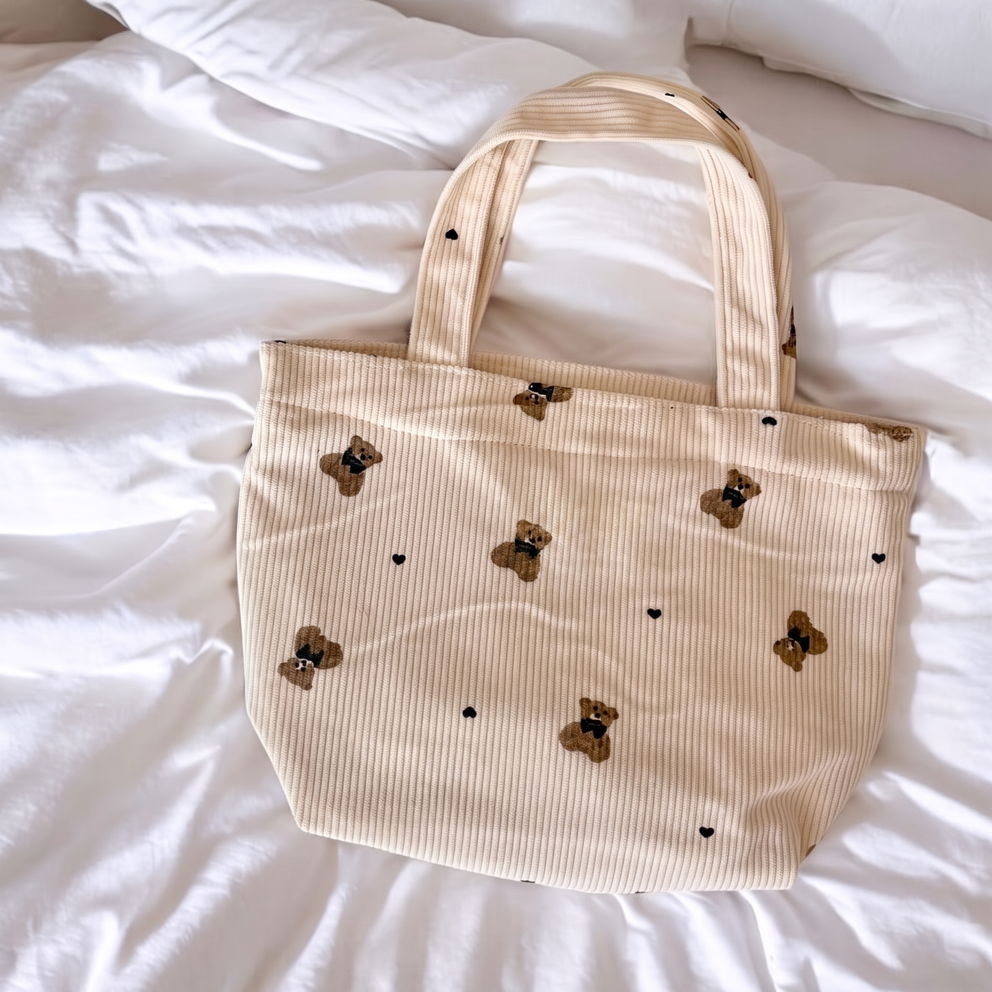 Borsa in Velluto a Coste con Orsetti da Donna-Beige-Borsa Tote-Modaso