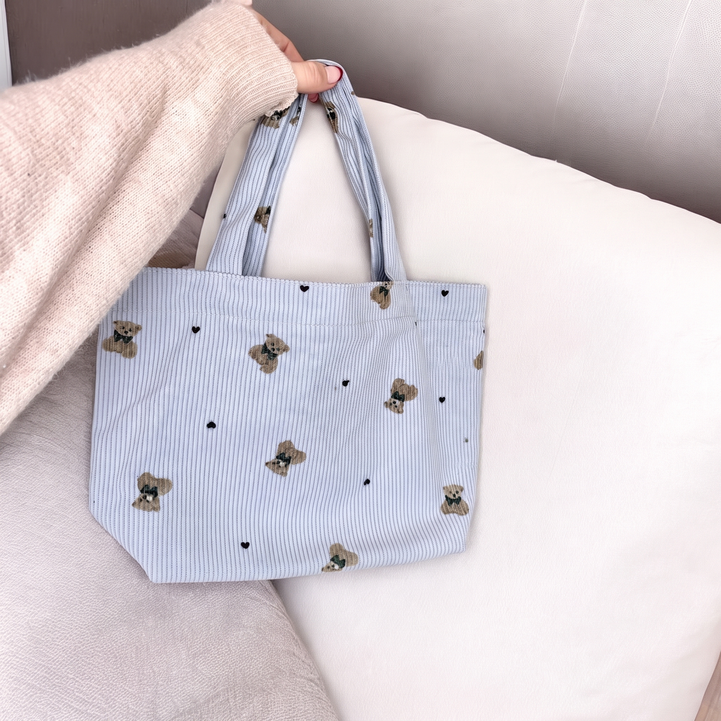 Borsa in Velluto a Coste con Orsetti da Donna-Blu-Borsa Tote-Modaso
