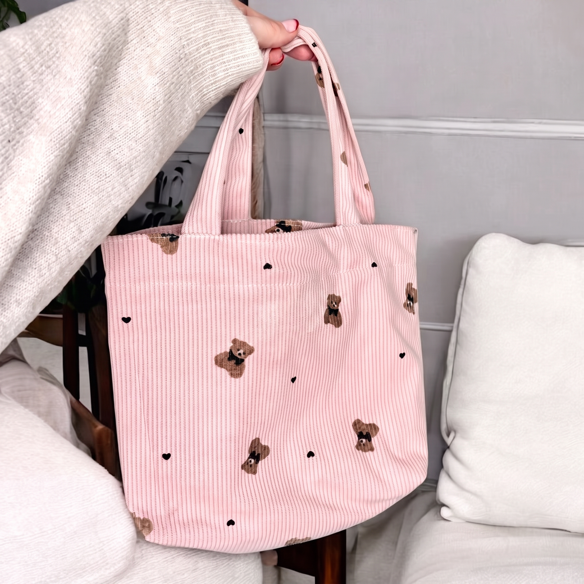 Borsa in Velluto a Coste con Orsetti da Donna-Rosa-Borsa Tote-Modaso