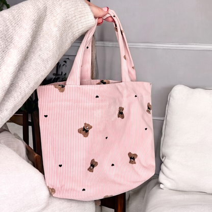 Borsa in Velluto a Coste con Orsetti da Donna-Rosa-Borsa Tote-Modaso