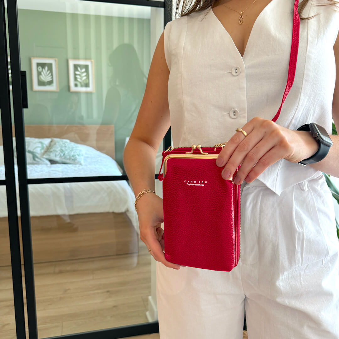 Borsetta Porta Telefono a Tracolla, Portafoglio in Pelle con Tracolla Regolabile-Rosso Scuro-Modaso