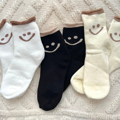 Calzini con Faccina Sorridente, Confezione di Calzini Felici da Donna-Nero-Bianco-Beige Contrasto 3 Paia-Modaso