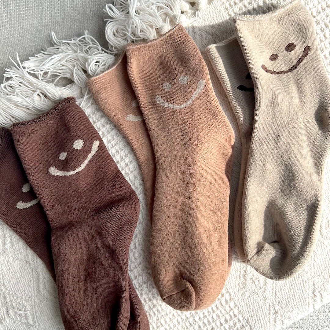 Calzini con Faccina Sorridente, Confezione di Calzini Felici da Donna-Talpa-Caffe-Marrone 3 Paia-Modaso