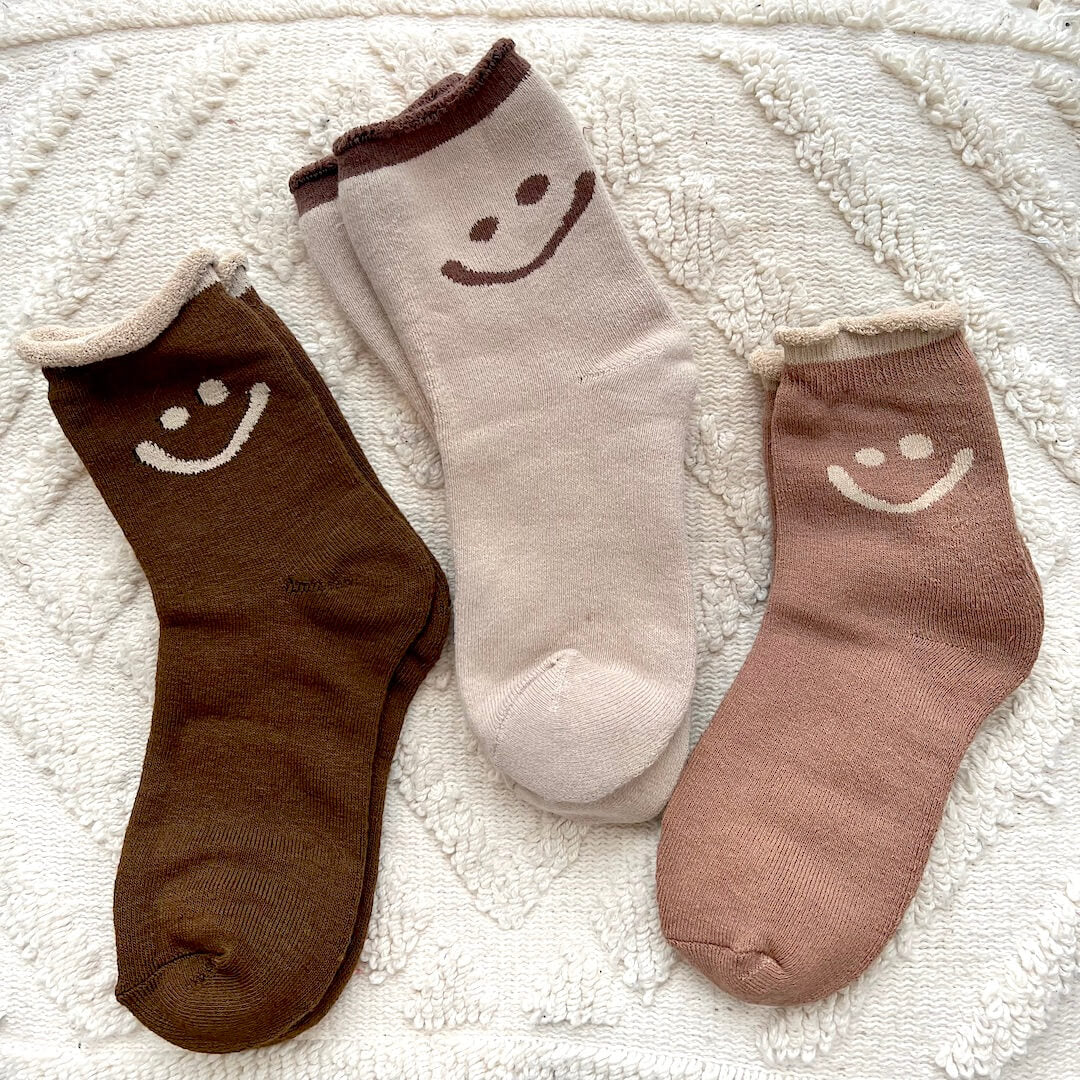 Calzini con Faccina Sorridente, Confezione di Calzini Felici da Donna-Talpa-Caffe-Marrone Contrasto 3 Paia-Modaso