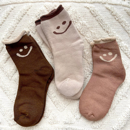Calzini con Faccina Sorridente, Confezione di Calzini Felici da Donna-Talpa-Caffe-Marrone Contrasto 3 Paia-Modaso