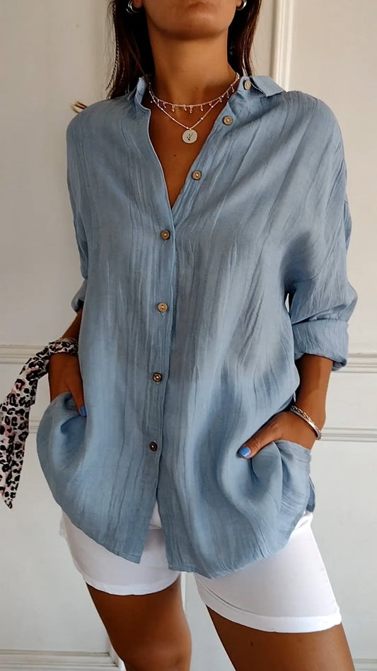 Camicetta Ampia, Leggera, Manica Lunga, con Bottoni, da Donna-Blu-S-Modaso