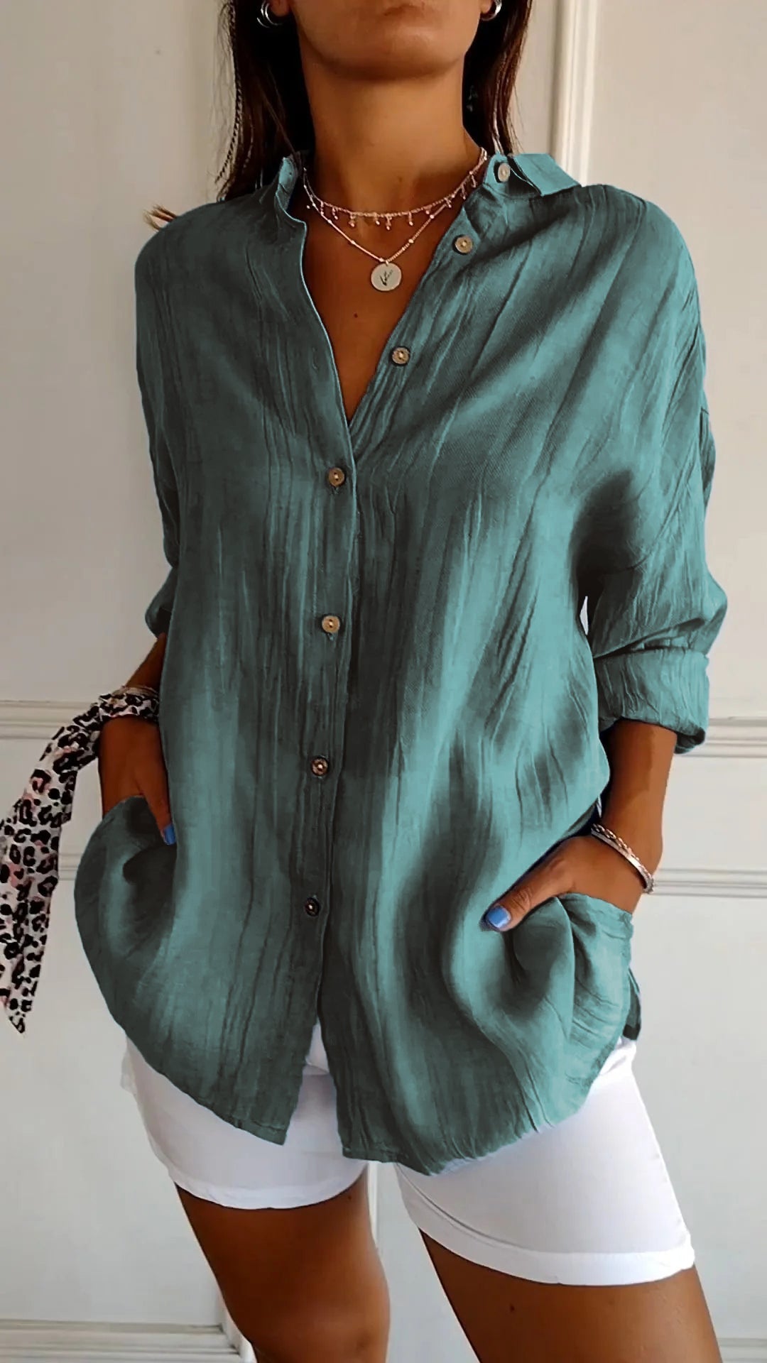 Camicetta Ampia, Leggera, Manica Lunga, con Bottoni, da Donna-Verde Oceano-S-Modaso