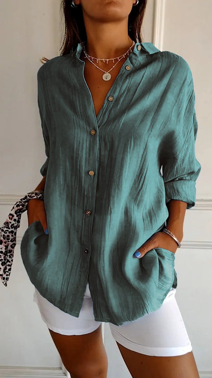 Camicetta Ampia, Leggera, Manica Lunga, con Bottoni, da Donna-Verde Oceano-S-Modaso