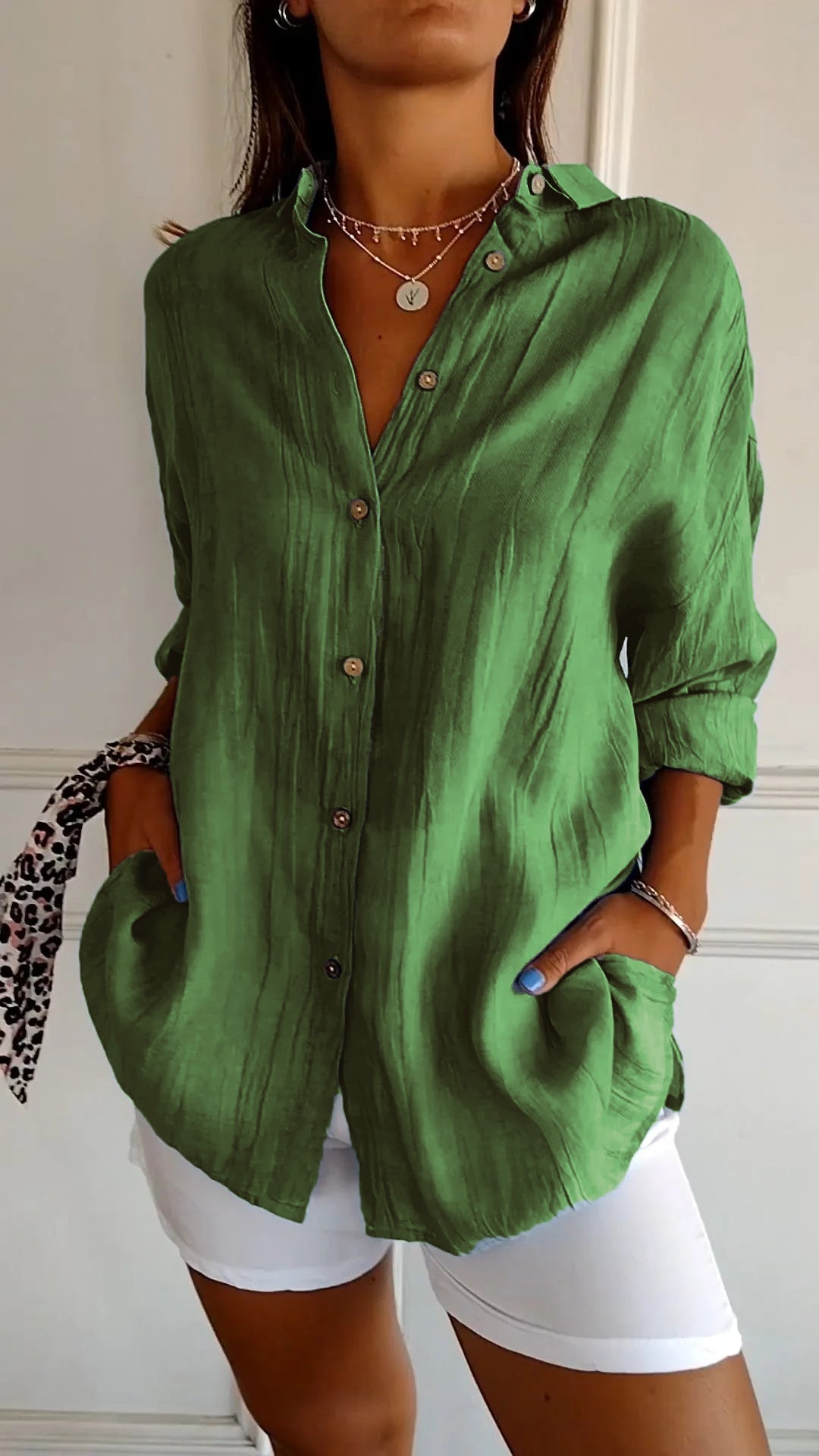 Camicetta Ampia, Leggera, Manica Lunga, con Bottoni, da Donna-Verde-S-Modaso