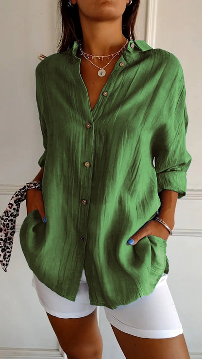 Camicetta Ampia, Leggera, Manica Lunga, con Bottoni, da Donna-Verde-S-Modaso