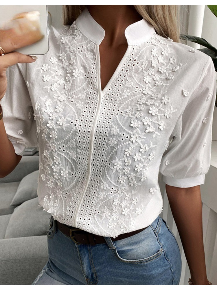 Camicetta Bianca - Maniche corte - Eyelet - Top estivi da donna - Camicette da donna-Bianco-S-Modasso