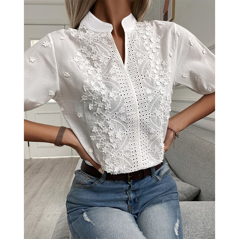 Camicetta Bianca - Maniche corte - Eyelet - Top estivi da donna - Camicette da donna-Modasso