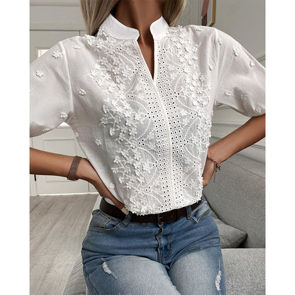 Camicetta Bianca - Maniche corte - Eyelet - Top estivi da donna - Camicette da donna-Modasso
