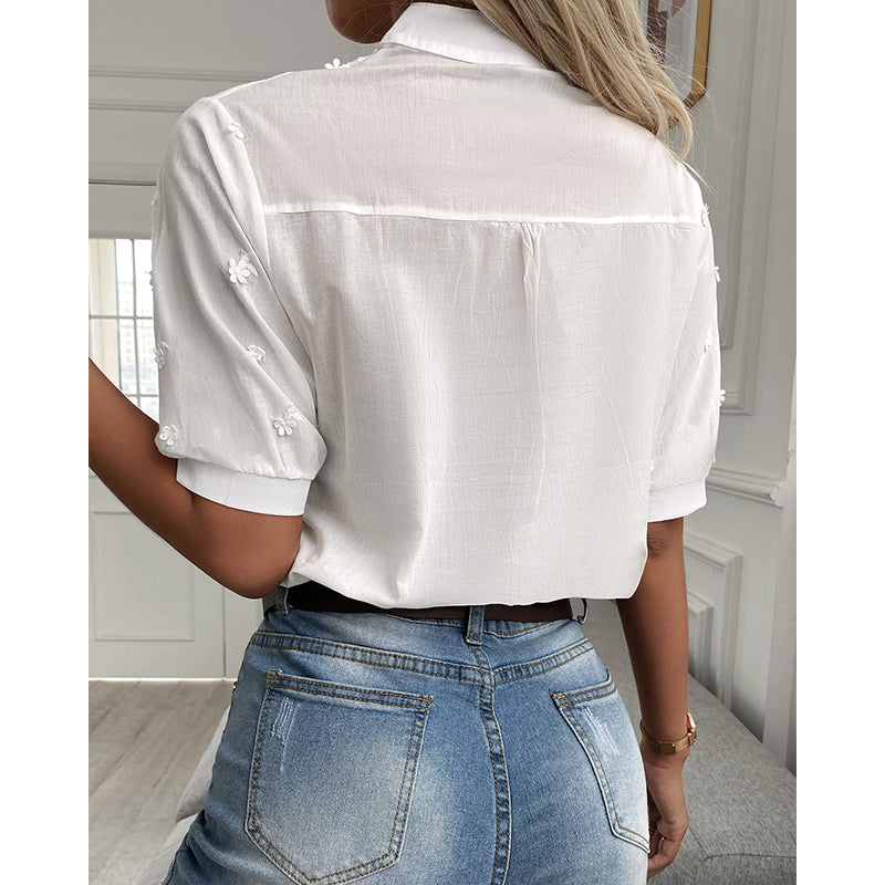 Camicetta Bianca - Maniche corte - Eyelet - Top estivi da donna - Camicette da donna-Modasso