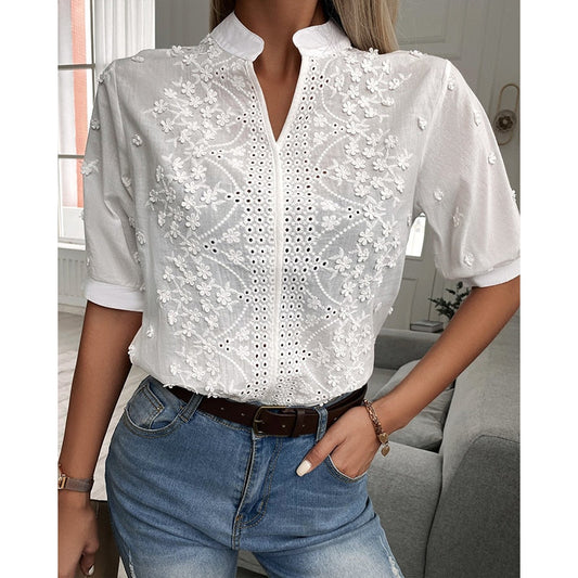 Camicetta Bianca - Maniche corte - Eyelet - Top estivi da donna - Camicette da donna-Modasso