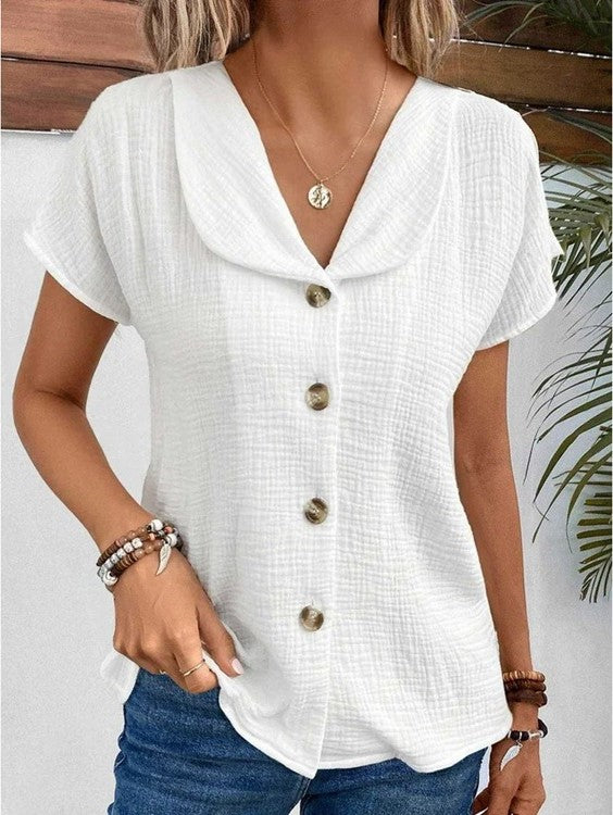 Camicetta - Camicetta estiva da donna con bottoni, maniche corte e scollo a V-Bianco-S-Modasso