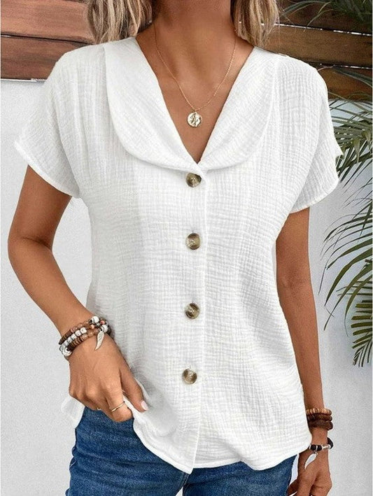 Camicetta - Camicetta estiva da donna con bottoni, maniche corte e scollo a V-Bianco-S-Modasso